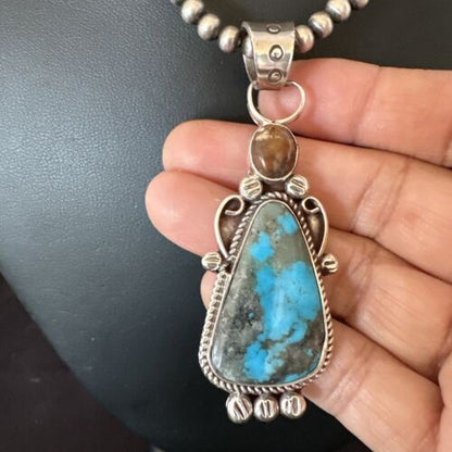 Navajo Blue Kingman Turquoise Wild Horse Pendant Necklace | Sterling Silver | Authentic Native American Handmade | 17222