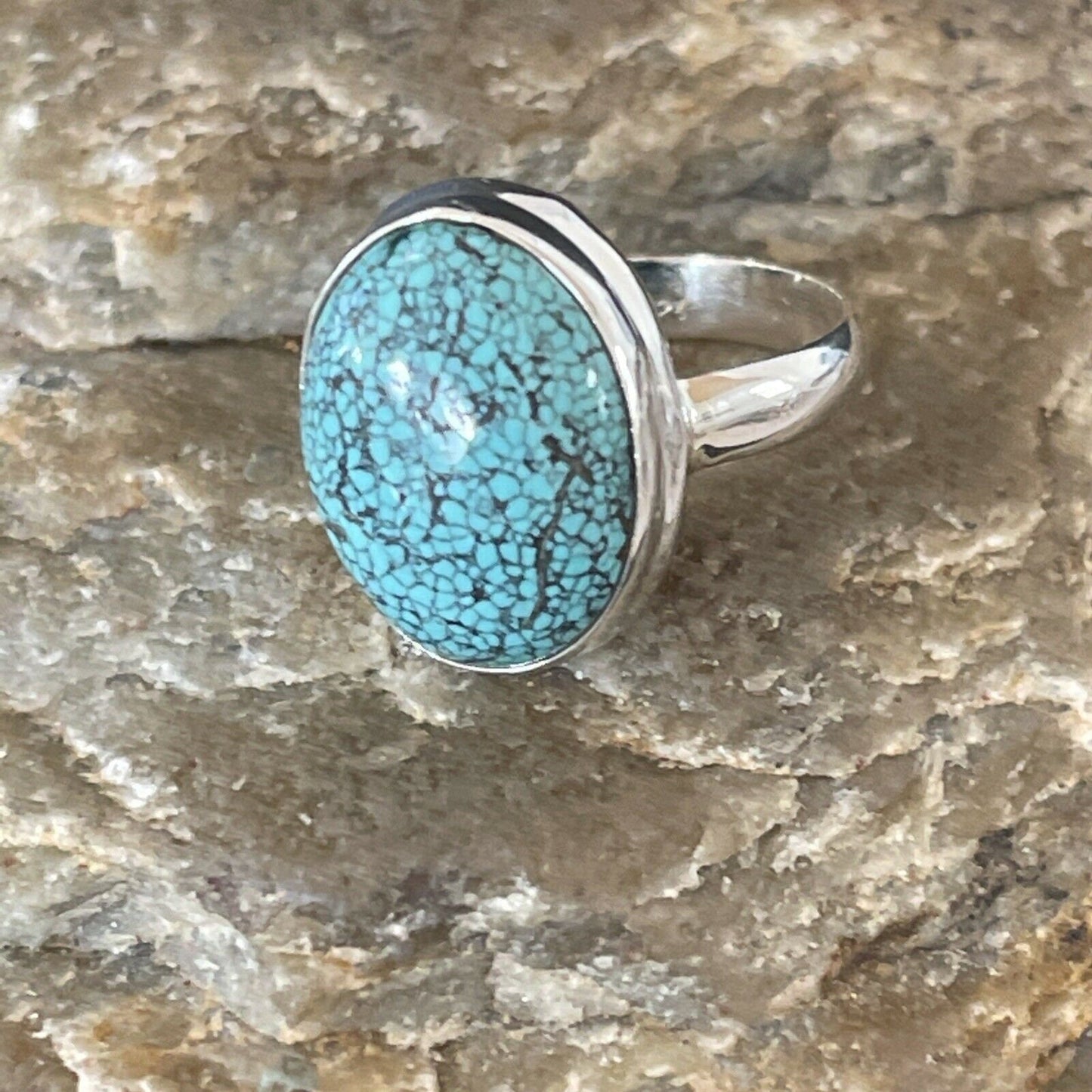 Navajo Spiderweb Blue Turquoise Ring | Sterling Silver | Sz 6.5 | Authentic Native American Handmade | 11438
