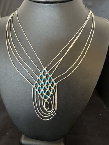 Crisscross Blue Turquoise Heishi Necklace | 5 Strand Liquid Sterling Silver | 22" | 15880