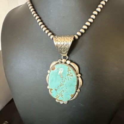 Navajo Blue Turquoise #8 Pendant | Sterling Silver Pearls Necklace | Authentic Native American Handmade | 17169
