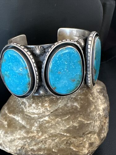 XL Men's Kingman Turquoise 3 Stone Cuff Bracelet | Navajo Sterling Silver | Authentic Native American Handmade | 15851