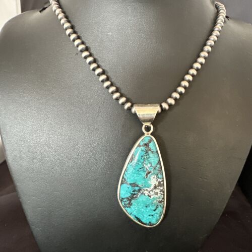 Men's Navajo Blue Spiderweb Turquoise Pendant Necklace | Sterling Silver | Authentic Native American Handmade | 16206