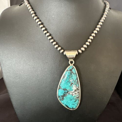 Men's Navajo Blue Spiderweb Turquoise Pendant Necklace | Sterling Silver | Authentic Native American Handmade | 16206