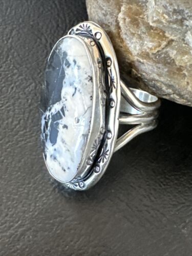 White Buffalo Turquoise Navajo Ring | Sterling Silver | Sz 11 | Authentic Native American Handmade | 16389