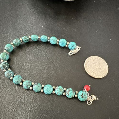 Southwestern Blue Turquoise Bead Link Bracelet | Sterling Silver | 8" | 17231