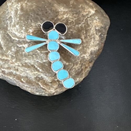 Navajo Blue Kingman Turquoise Dragonfly Inlay Pin Pendant | Sterling Silver | Authentic Native American Handmade | 15169