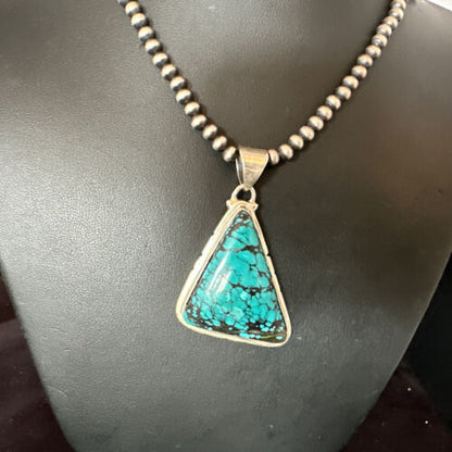 Men's Navajo Blue Spiderweb Turquoise Pendant Necklace | Sterling Silver | Authentic Native American Handmade | 16214