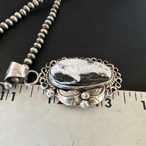 Navajo White Buffalo Turquoise Pendant Necklace | Sterling Silver | Authentic Native American Handmade | 15617