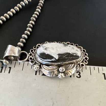 Navajo White Buffalo Turquoise Pendant Necklace | Sterling Silver | Authentic Native American Handmade | 15617