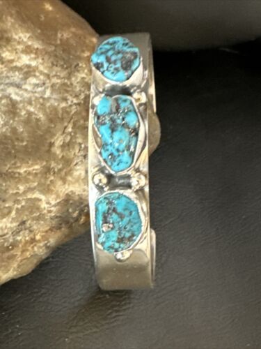 Blue Kingman Turquoise 3 Stone Cuff Bracelet | Navajo Sterling Silver | Authentic Native American Handmade | 15045
