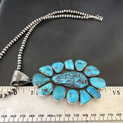 Navajo Blue Kingman Turquoise Cluster Pendant Necklace | Sterling Silver | Authentic Native American Handmade | 16795