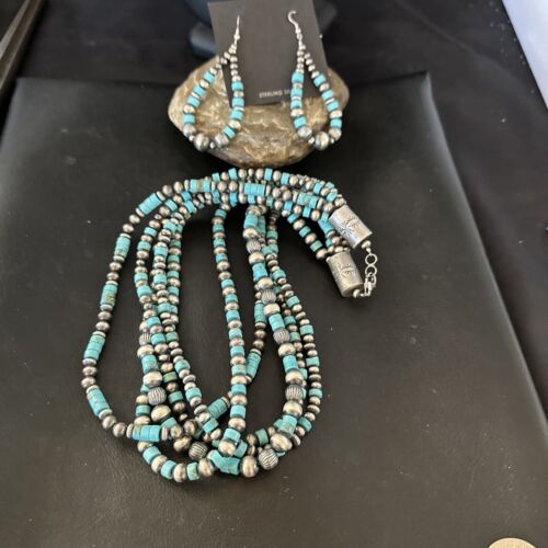 Navajo Sterling Silver 5 Strand 8mm Turquoise Heishi Necklace & Earrings Set | 20" | 17184