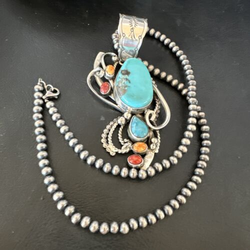 Navajo Kingman Turquoise | Spiny Oyster Necklace Pendant | Sterling Silver | Multi-Stone | 15950