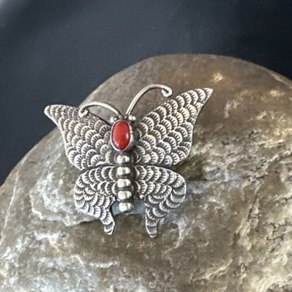 Navajo Butterfly Red Coral Pin Pendant | Sterling Silver | 1.25" | Authentic Native American Handmade | 15526
