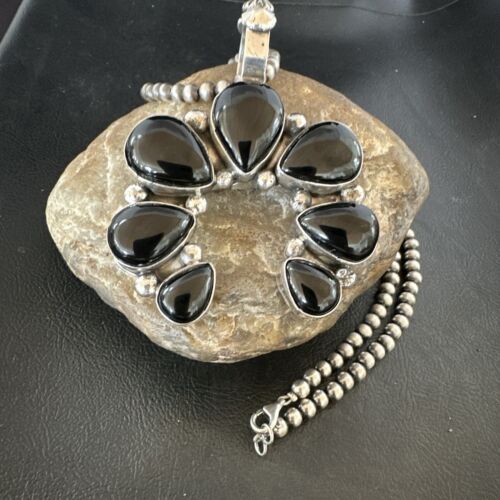 Men's Black Onyx Naja Pendant | Navajo Pearls Sterling Silver Necklace | Authentic Native American Handmade | 17070
