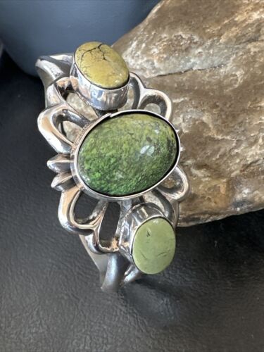 Navajo Green Turquoise Cuff Bracelet | Sterling Silver Tufa Cast | Authentic Native American Handmade | 16787