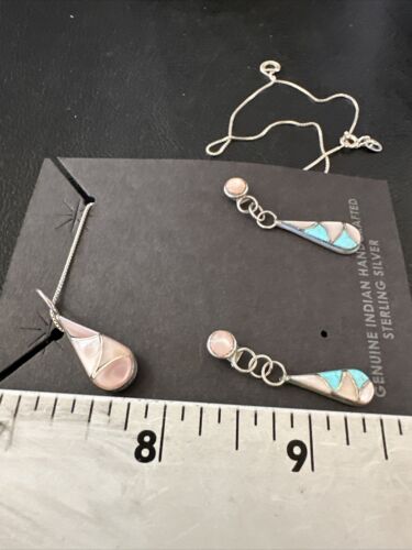 Zuni Turquoise & Pink Mother of Pearl Inlay Pendant Necklace & Earrings Set | Double Sided | Sterling Silver | Native American Handmade | 17493