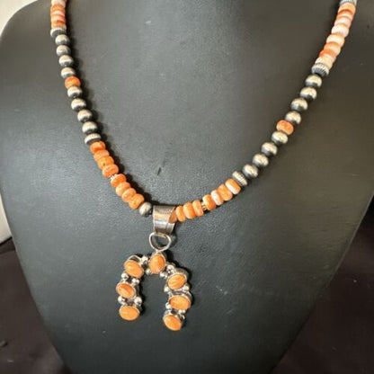 Navajo Orange Spiny Oyster Inlay Naja Pendant | Sterling Silver | Authentic Native American Handmade | 17428