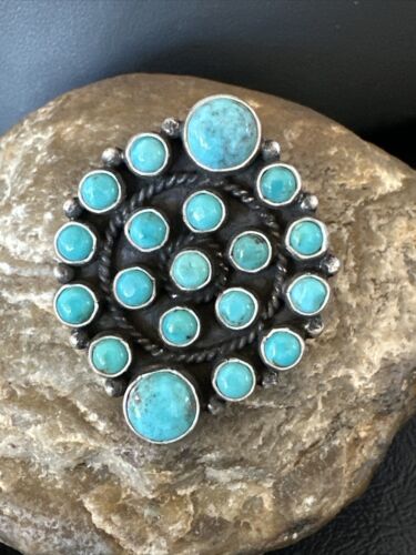 Navajo Blue Turquoise Cluster Ring | Authentic Native American Sterling Silver | Multi-Stone | Adjustable | Sz 7 | 16325