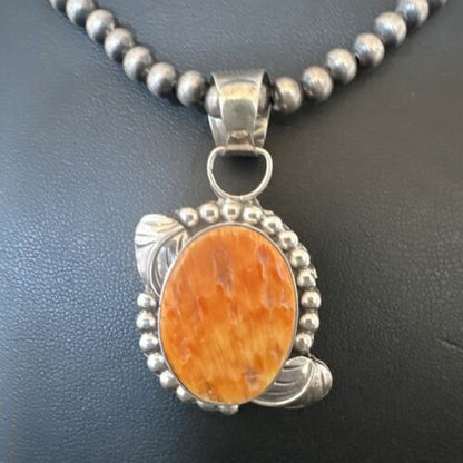 Navajo Orange Spiny Oyster Pendant Necklace | Sterling Silver Pearls | Authentic Native American Handmade | 16553
