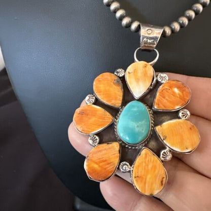 Navajo Blue Turquoise | Spiny Oyster Pendant Necklace | Sterling Silver | Multi-Stone | 16863