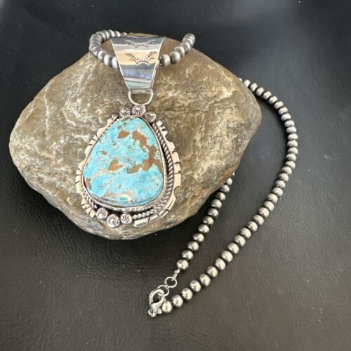 Women's Royston Turquoise Pendant Necklace | Navajo Pearls | Sterling Silver | Authentic Native American | 17063
