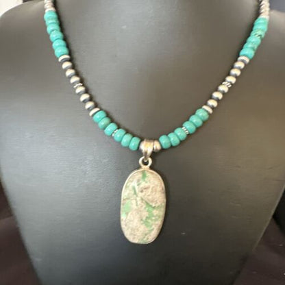 Navajo Teal Blue Turquoise Pendant Necklace | Sterling Silver | Authentic Native American Handmade | 16339