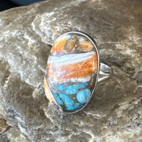 Navajo Turquoise Spiny Oyster Ring | Sterling Silver | Sz 8 | Authentic Native American Handmade | 16612