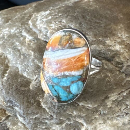 Navajo Turquoise Spiny Oyster Ring | Sterling Silver | Sz 8 | Authentic Native American Handmade | 16612