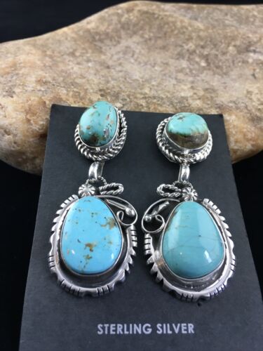 Navajo Kingman Turquoise Dangle Earrings | Sterling Silver | Authentic Native American Handmade | 1764