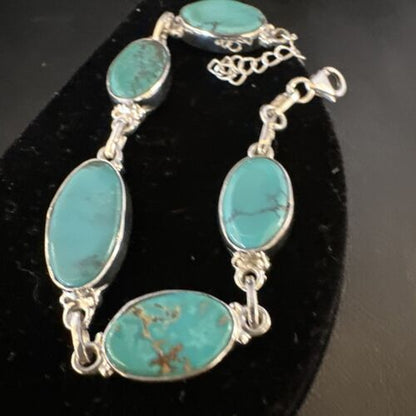 Navajo Blue Turquoise Link Bracelet | Sterling Silver | 8" | Authentic Native American Handmade | 15468