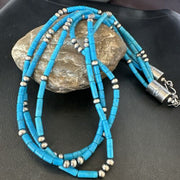 Navajo Blue Turquoise Tube Necklace | Sterling Silver | 22" | Authentic Native American Handmade | 17553