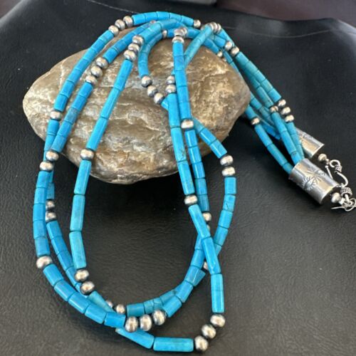 Navajo Blue Turquoise Tube Necklace | Sterling Silver | 22" | Authentic Native American Handmade | 17553