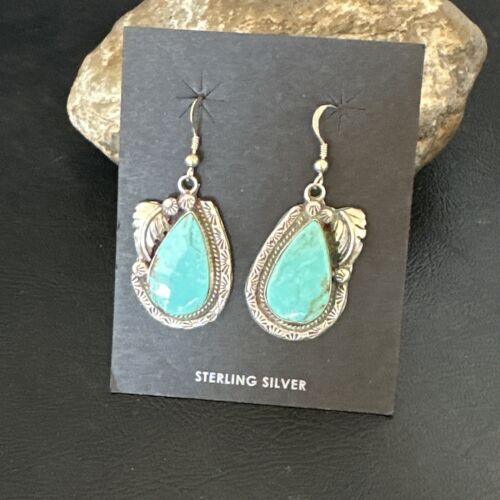 Navajo Blue Kingman Turquoise Dangle Earrings | Sterling Silver | Authentic Native American Handmade | 17373