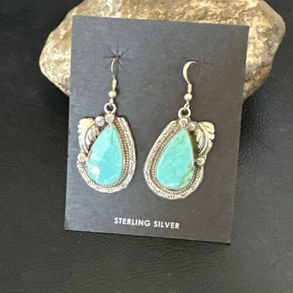 Navajo Blue Kingman Turquoise Dangle Earrings | Sterling Silver | Authentic Native American Handmade | 17373