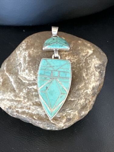 Navajo Sterling Silver Pendant with Gorgeous Blue Turquoise Inlay | Authentic Native American | 3.25" | 15178