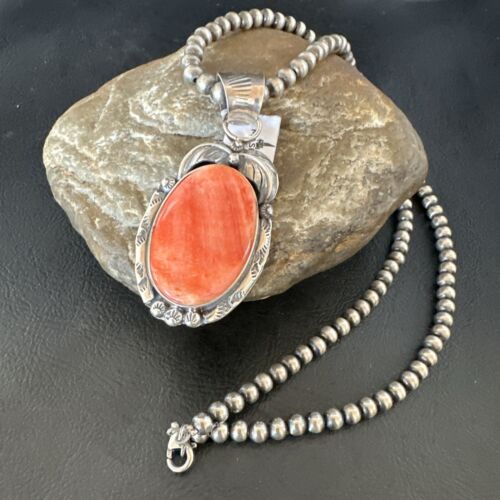 Navajo Orange Spiny Oyster Pendant Necklace | Sterling Silver | Authentic Native American Handmade | 15631