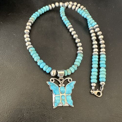 Navajo Butterfly Blue Ridge Turquoise Inlay Pendant Necklace | Sterling Silver | Authentic Native American Handmade | 16642