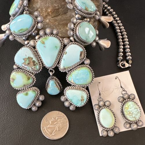Royston Turquoise Navajo Squash Blossom Necklace & Earrings | Sterling Silver | Native American Handmade | 16536