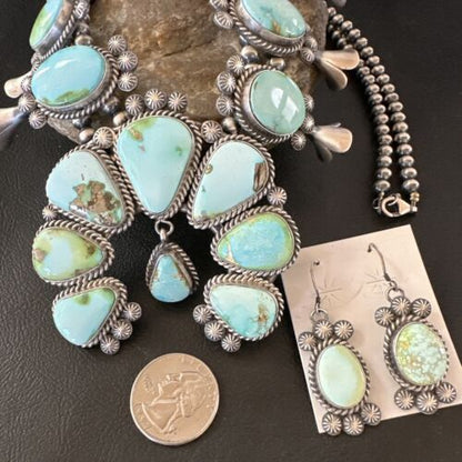 Royston Turquoise Navajo Squash Blossom Necklace & Earrings | Sterling Silver | Native American Handmade | 16536