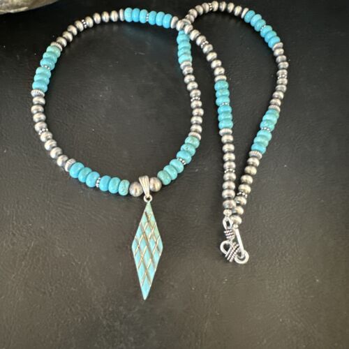 Navajo Blue Turquoise Inlay Pendant | Sterling Silver Necklace | Authentic Native American Handmade | 15421