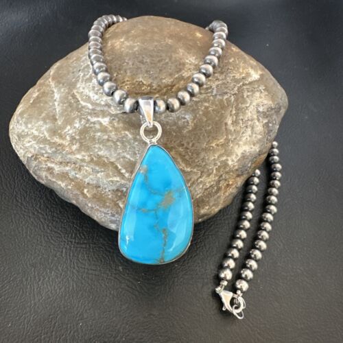Navajo Blue Kingman Turquoise Pendant with Pearls | Sterling Silver Necklace | 20" | 16702
