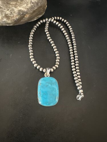 Navajo Blue Kingman Turquoise Pendant Necklace | Sterling Silver | 20" | Authentic Native American Handmade | 16695