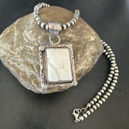 Navajo White Buffalo Turquoise Pendant | Sterling Silver Pearls Necklace | Authentic Native American Handmade | 17101