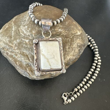 Navajo White Buffalo Turquoise Pendant | Sterling Silver Pearls Necklace | Authentic Native American Handmade | 17101