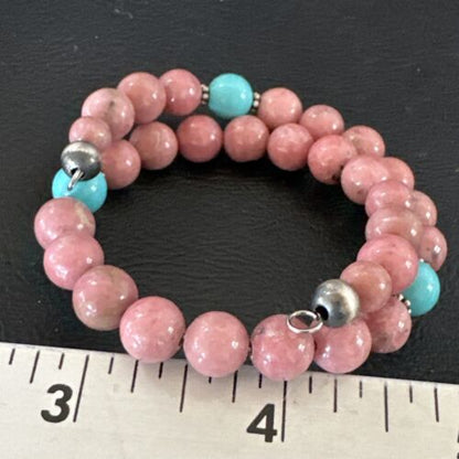 Navajo Pink Rhodochrosite Turquoise Bracelet | Stainless Steel Memory Wire | Authentic Native American Handmade | 17626 - Masha USA