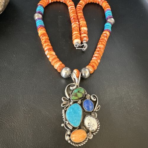 Navajo Blue Turquoise Spiny Oyster Pendant | Sterling Silver Bead Necklace | Multi-Stone | 15058