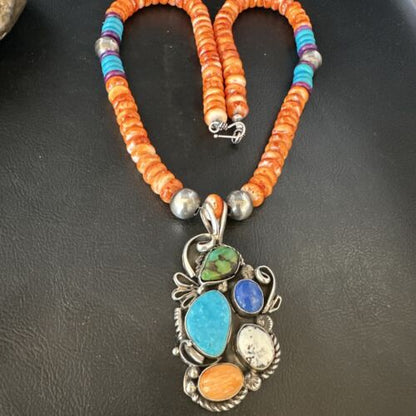 Navajo Blue Turquoise Spiny Oyster Pendant | Sterling Silver Bead Necklace | Multi-Stone | 15058