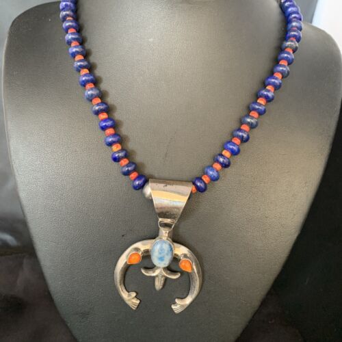 Navajo Blue Lapis Spiny Oyster Naja Pendant Necklace | Sterling Silver | Authentic Native American Handmade | 13708