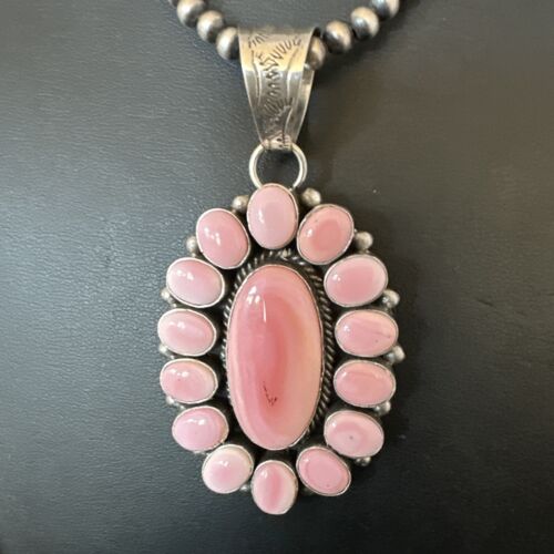 Navajo Pearls Pink Conch Necklace with Multi-Stone Cluster Pendant | Authentic Native American Handmade | 16063